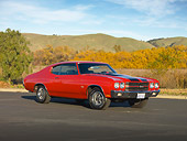 AUT 23 RK1947 01
1970 Chevrolet Chevelle SS 454 Red With Black Stripes 3/4 Front View On Pavement By Hills