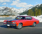 AUT 23 RK1949 01
1970 Chevrolet Chevelle SS 454 Red With Black Stripes 3/4 Front View On Pavement By Hills