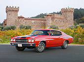 AUT 23 RK1953 01
1970 Chevrolet Chevelle SS 454 Red With Black Stripes 3/4 Front View On Pavement By Hills