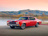 AUT 23 RK1956 01
1970 Chevrolet Chevelle SS 454 Red With Black Stripes 3/4 Front View On Pavement By Hills