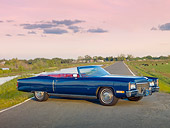 AUT 23 RK1966 01
1971 Cadillac El Dorado Convertible Blue 3/4 Side View On Road By Marsh And Cows