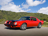AUT 23 RK1981 01
1974 Pontiac Firebird Formula 400 Red 3/4 Front View On Pavement By Trees