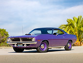 AUT 23 RK1994 01
1970 Plymouth Hemi Barracuda Purple 3/4 Front View On Pavement By Palm Tree