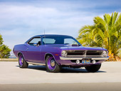 AUT 23 RK1996 01
1970 Plymouth Hemi Barracuda Purple 3/4 Front View On Pavement By Palm Tree