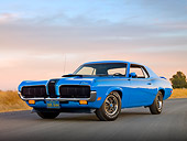 AUT 23 RK2025 01
1970 Mercury Cougar Eliminator Blue 3/4 Front View On Pavement By Dry Grass At Dusk
