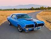 AUT 23 RK2028 01
1970 Mercury Cougar Eliminator Blue 3/4 Front View On Pavement By Dry Grass At Dusk