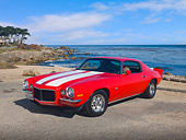 AUT 23 RK2031 01
1972 Chevrolet Camaro RS/SS Red With White Stripes 3/4 Front View On Pavement By Beach