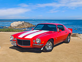 AUT 23 RK2033 01
1972 Chevrolet Camaro RS/SS Red With White Stripes 3/4 Front View On Sand By Ocean