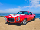 AUT 23 RK2034 01
1972 Chevrolet Camaro RS/SS Red With White Stripes 3/4 Front View On Sand By Ocean