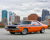 AUT 23 RK2041 01
1970 Dodge Challenger T/A Orange And Black 3/4 Front View On Pavement In Fog