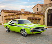 AUT 23 RK2043 01
1971 Dodge Challenger R/T Sublime Green 3/4 Front View On Brick By House