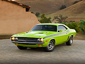 AUT 23 RK2044 01
1971 Dodge Challenger R/T Sublime Green 3/4 Front View On Brick By House
