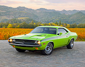 AUT 23 RK2050 01
1971 Dodge Challenger R/T Sublime Green 3/4 Front View On Brick By Shrubs And Trees