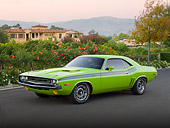 AUT 23 RK2051 01
1971 Dodge Challenger R/T Sublime Green 3/4 Front View On Pavement By House And Trees