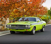 AUT 23 RK2052 01
1971 Dodge Challenger R/T Sublime Green 3/4 Front View On Pavement By Autumn Trees