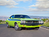 AUT 23 RK2054 01
1971 Dodge Challenger R/T Sublime Green 3/4 Front View On Pavement By Trees