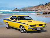 AUT 23 RK2058 01
1973 Plymouth Cuda Yellow 3/4 Front View On Beach