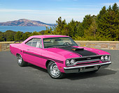 AUT 23 RK2062 01
1970 Plymouth GTX Hot Pink With Black Stripe 3/4 Front View On Pavement