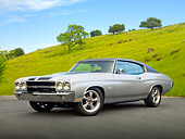 AUT 23 RK2065 01
1970 Chevrolet Chevelle SS Silver And Black 3/4 Front View On Pavement By Grassy Hill