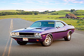 AUT 23 RK2102 01
1970 Dodge Challenger RT 440 Purple 3/4 Front View On Road By Old Barn