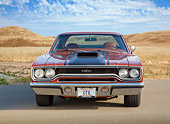 AUT 23 RK2117 01
1970 Plymouth GTX Burnt Orange With Black Stripe Front View On Pavement By Dry Grass