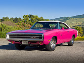 AUT 23 RK2118 01
1970 Dodge Charger RT 440 Six Pac Panther Pink 3/4 Front View On Pavement By Hills