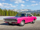 AUT 23 RK2121 01
1970 Dodge Charger RT 440 Six Pac Panther Pink 3/4 Front View On Pavement By Hills