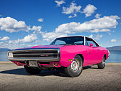 AUT 23 RK2123 01
1970 Dodge Charger RT 440 Six Pac Panther Pink 3/4 Front View On Pavement By Hills