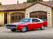 AUT 23 RK2125 01
1970 Dodge Charger RT 440 Six Pac Panther Pink 3/4 Front View On Brick By House