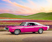 AUT 23 RK2126 01
1970 Dodge Charger RT 440 Six Pac Panther Pink 3/4 Side View On Brick By House