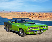 AUT 23 RK2127 01
1971 Plymouth Hemi Cuda Sassy Grass Green 3/4 Front View On Pavement By Trees