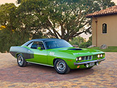 AUT 23 RK2132 01
1971 Plymouth Hemi Cuda Sassy Grass Green 3/4 Front View On Brick By House