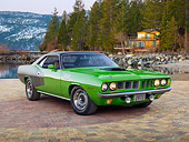 AUT 23 RK2133 01
1971 Plymouth Hemi Cuda Sassy Grass Green 3/4 Front View On Brick By Trees