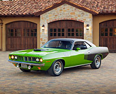 AUT 23 RK2134 01
1971 Plymouth Hemi Cuda Sassy Grass Green 3/4 Front View On Brick By House