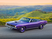 AUT 23 RK2138 01
1970 Plymouth Hemi Cuda Convertible Inviolet 3/4 Side View On Pavement By Hills
