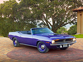 AUT 23 RK2140 01
1970 Plymouth Hemi Cuda Convertible Inviolet 3/4 Front View On Brick By Trees