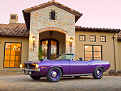 AUT 23 RK2142 01
1970 Plymouth Hemi Cuda Convertible Inviolet 3/4 Side View On Brick By House