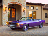AUT 23 RK2143 01
1970 Plymouth Hemi Cuda Convertible Inviolet 3/4 Front View On Brick By House