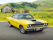 AUT 23 RK2144 01
1970 Plymouth Road Runner 440 Six Pac Yellow With Black Stripe 3/4 Front View On Pavement By Grassy Hills And Old Shed