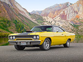 AUT 23 RK2145 01
1970 Plymouth Road Runner 440 Six Pac Yellow With Black Stripe 3/4 Front View On Pavement By Mountains And Water