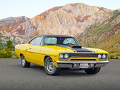 AUT 23 RK2154 01
1970 Plymouth Road Runner 440 Six Pac Yellow With Black Stripe 3/4 Front View On Pavement By Mountains