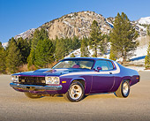 AUT 23 RK2174 01
1973 Plymouth Road Runner Purple 3/4 Front View On Pavement By Snowy Mountains