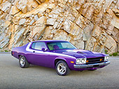AUT 23 RK2177 01
1973 Plymouth Road Runner Purple 3/4 Front View On Pavement By Rocky Cliffside