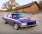 AUT 23 RK2178 01
1973 Plymouth Road Runner Purple 3/4 Front View On Gravel By Barn