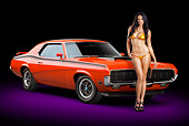 AUT 23 RK2187 01
1970 Mercury Cougar Eliminator 428 Cobra Jet Orange 3/4 Front View In Studio With Swimsuit Model