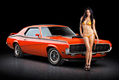 AUT 23 RK3372 01
1970 Mercury Cougar Eliminator 428 Cobra Jet Orange 3/4 Front View On Pavement With Swimsuit Model