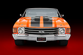 AUT 23 RK3379 01
1972 Chevrolet Chevelle SS Convertible Chrome Orange With Jet Black Stripes Front View In Studio