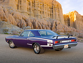 AUT 23 RK3389 01
1970 Dodge Super Bee Purple 3/4 Rear View On Gravel By Cliffs
