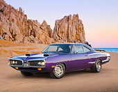AUT 23 RK3390 01
1970 Dodge Super Bee Purple 3/4 Front View On Sand By Water