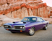 AUT 23 RK3391 01
1970 Dodge Super Bee Purple 3/4 Front View On Gravel By Cliffs